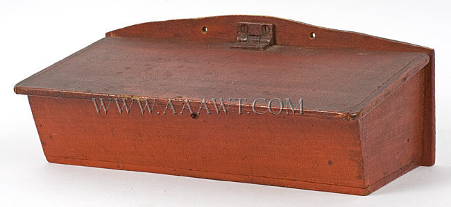 Candle Box, Wall Box, Canted Lid, Breadboard Ends, Original Lipstick Red Paint
New England
19th Century, entire view